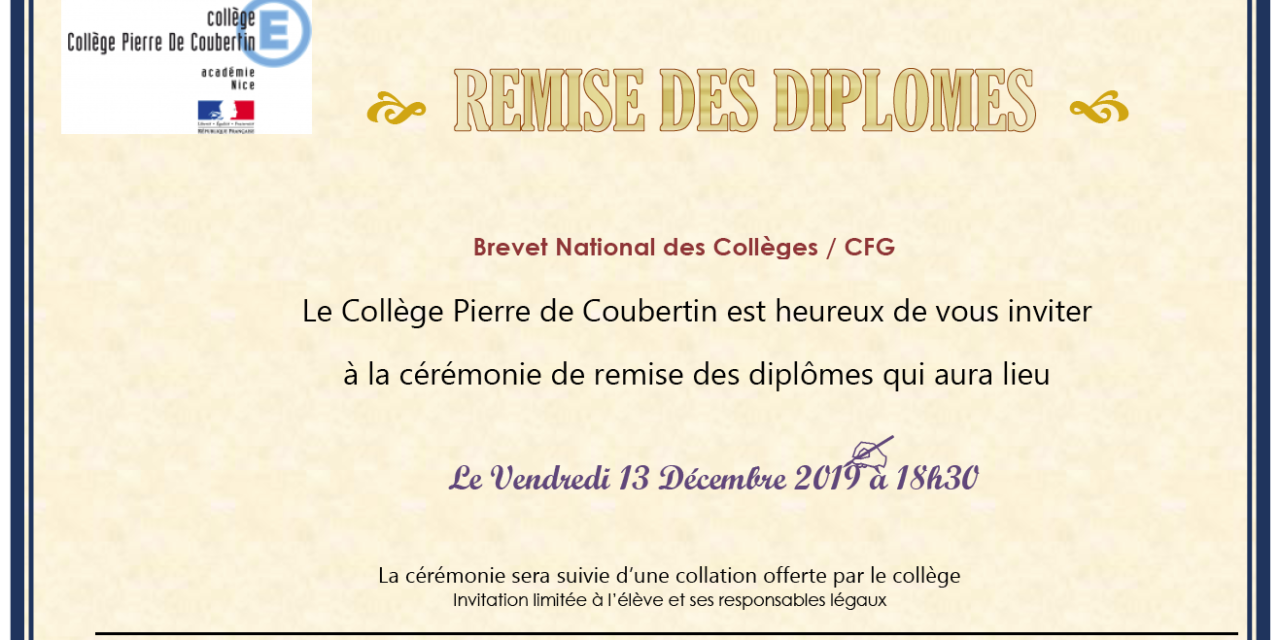 Cérémonie de remise des diplômes DNB / CFG le 13 décembre prochain
